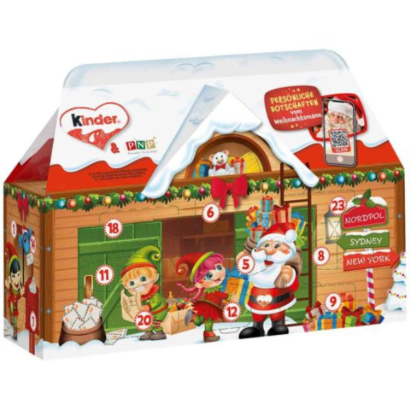 A charming 3D holiday house filled with a variety of Kinder milk chocolate treats, making the countdown to Christmas extra sweet and fun.