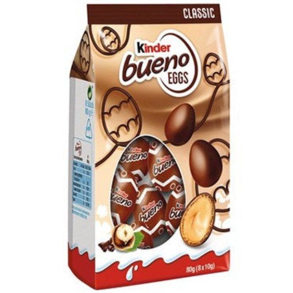 Smooth milk chocolate eggs filled with creamy hazelnut filling and a crispy wafer center, perfect for a delicious treat.