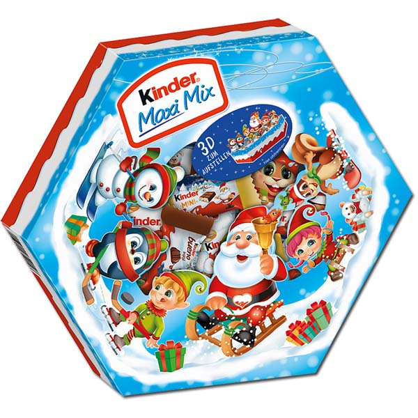 A festive assortment of Kinder milk chocolate treats, including creamy and crunchy varieties, perfect for holiday sharing.
