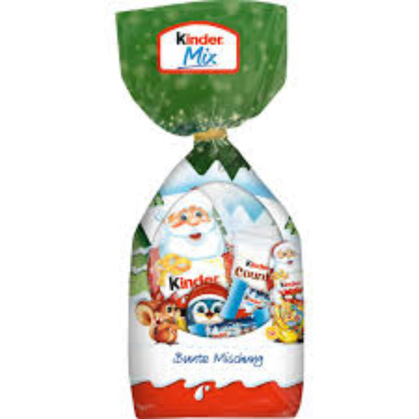 A festive selection of mini Kinder chocolate Santas in colorful wrappers, perfect for holiday treats and celebrations.