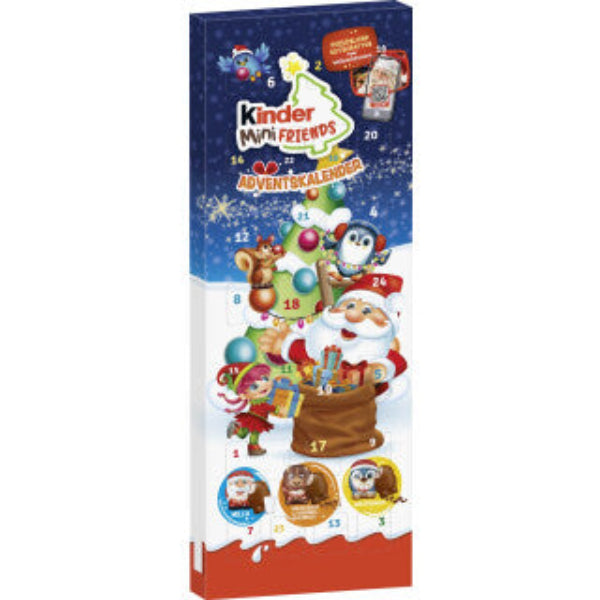 A festive calendar filled with an assortment of mini Kinder chocolate treats, perfect for daily holiday surprises.