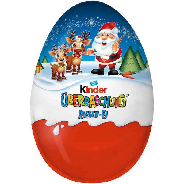 A giant festive milk chocolate egg with Kinder’s signature creamy filling and an extra-large holiday toy surprise inside.
