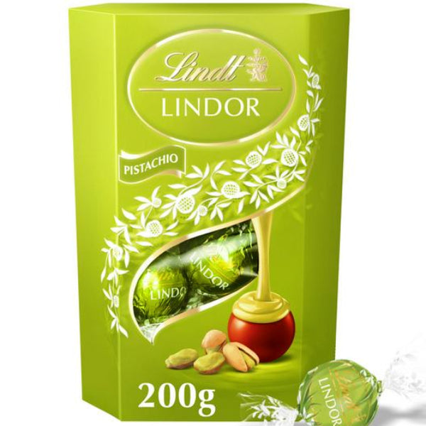 Decadent Lindt Lindor pistachio milk chocolate truffles in a luxurious 200 g box