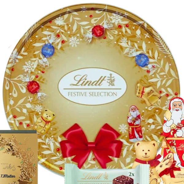 Festive Lindt Christmas tin filled with assorted premium chocolates for sharing and gifting