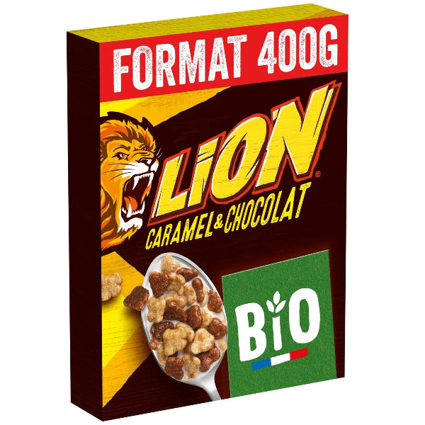 Organic whole‑grain cereal bursting with caramel and chocolate flavors reminiscent of the classic Lion bar
