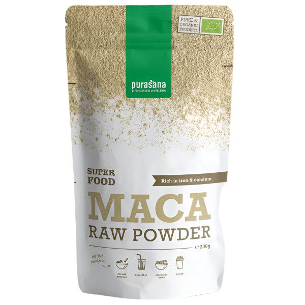 Energizing 200 g organic maca powder, known for boosting vitality, stamina, and hormonal balance.