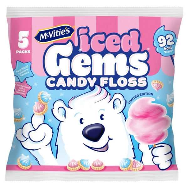 Features crisp mini biscuits topped with swirls of fluffy, cotton‑candy‑flavored icing