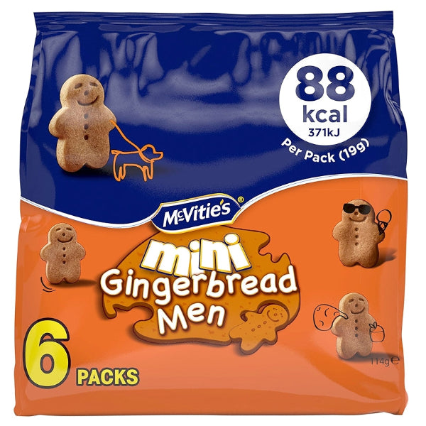 Cute, spiced McVitie’s mini gingerbread men, packed in six snack-sized portions.