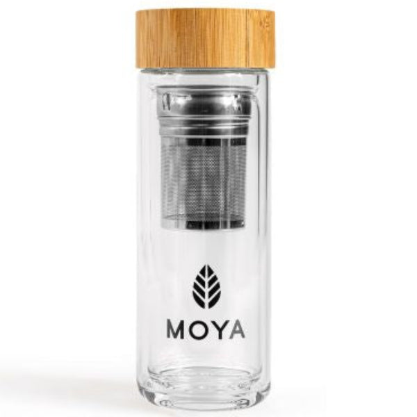 Double-walled glass shaker with bamboo lid for easy, on-the-go matcha mixing.