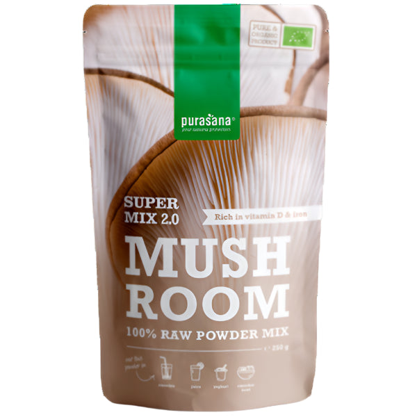 Nourishing 250 g raw mushroom powder mix, rich in natural antioxidants and immune support.