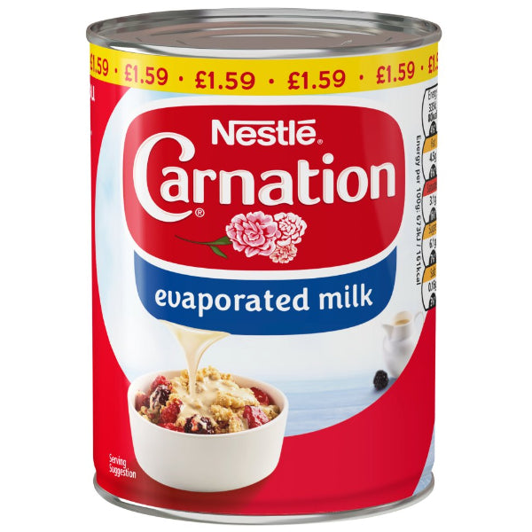 Smooth, creamy Carnation evaporated milk, perfect for cooking, baking, and coffee.