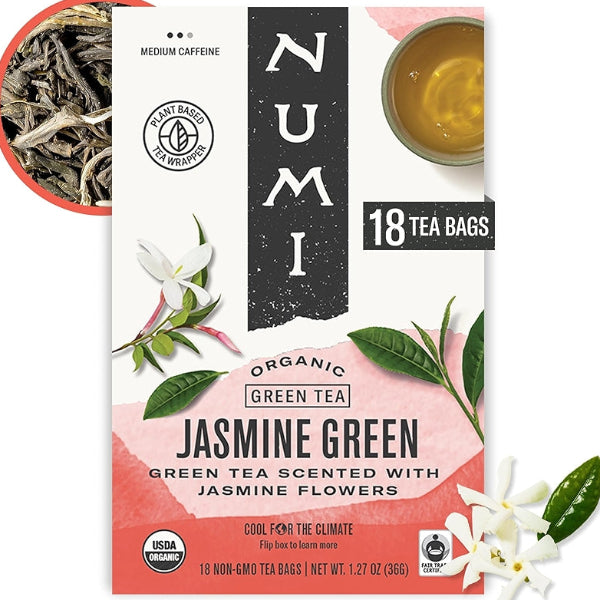 A fragrant green tea delicately infused with jasmine blossoms, offering a soothing and floral cup.