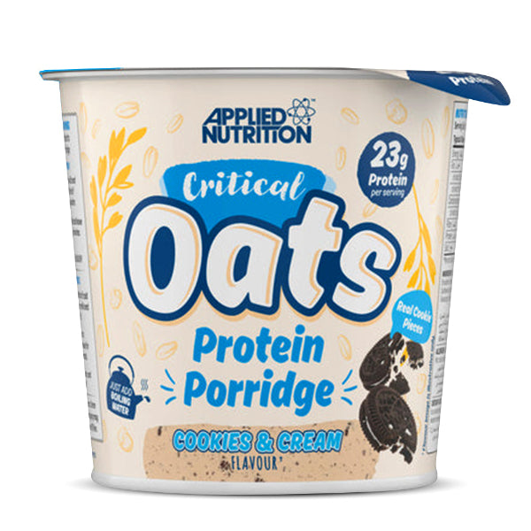 A creamy, high-protein oat pot blending the taste of cookies and cream with slow-release carbs for a nourishing on-the-go breakfast or snack.