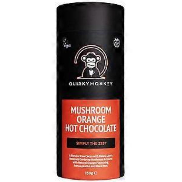 A zesty and indulgent hot chocolate infused with mushrooms, combining citrusy orange flavor with wellness-boosting benefits.