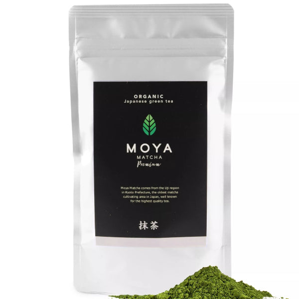 Premium organic matcha powder with rich umami flavor and vibrant green color.