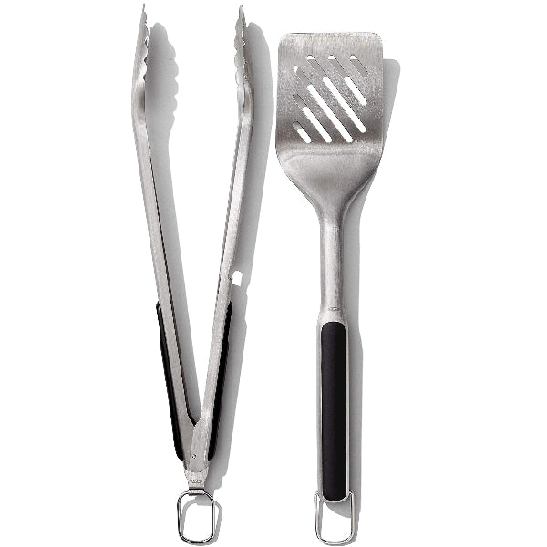Grilling set with tongs and turner, featuring comfortable Good Grips handles for easy flipping and serving.