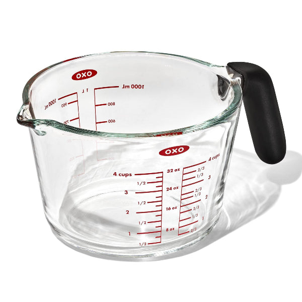 1 L glass measuring cup with a comfortable Good Grips handle and clear markings for accurate measuring.