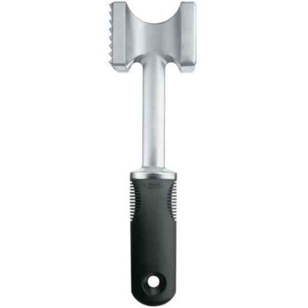 Good Grips meat tenderizer with dual-sided head for easy, even tenderizing of all cuts of meat.