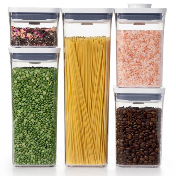 Keep pantry staples fresh and organized with this 5-piece OXO POP container set in white