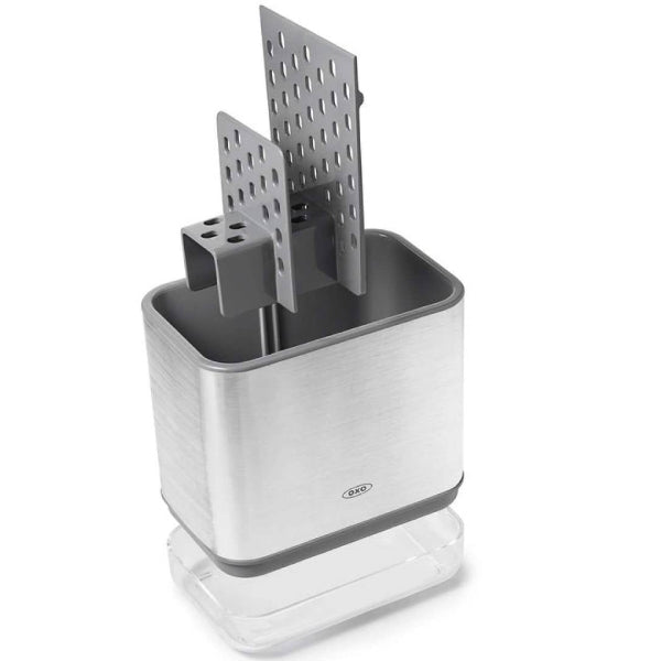 Stainless steel sink caddy with compartments to neatly organize sponges, brushes, and soaps.