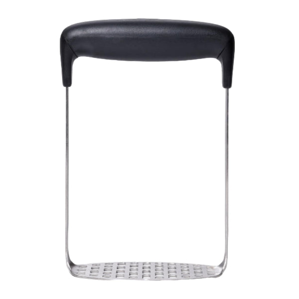 Stainless steel and plastic potato masher with a comfortable grip for smooth, lump-free mashing.