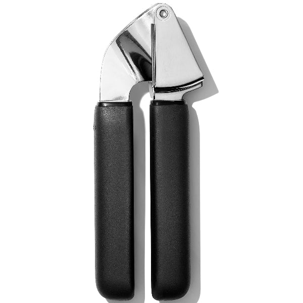Sturdy stainless steel garlic press with cushioned Good Grips handles for effortless, mess-free mincing.