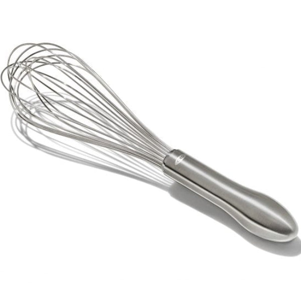 Whisk ingredients effortlessly with this 11" OXO Steel balloon whisk, dishwasher safe for easy cleanup.