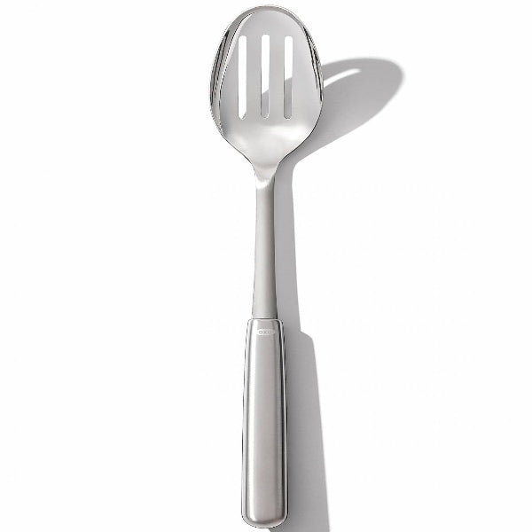 A sleek stainless steel slotted spoon that drains liquids with ease, perfect for serving veggies, pasta, and more.