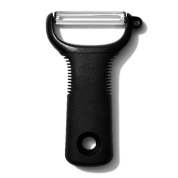 Steel Y-peeler with a comfortable Good Grips handle for quick and effortless peeling of fruits and vegetables.