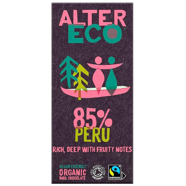 Rich and intense, Alter Eco 85% Peru Dark Chocolate offers deep cocoa flavor with a smooth, organic finish
