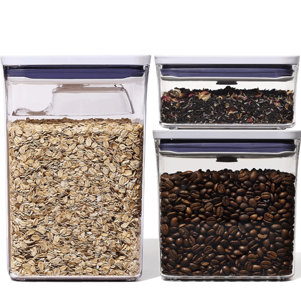 Organize pantry essentials with this set of three OXO Good Grips POP rectangular storage boxes.