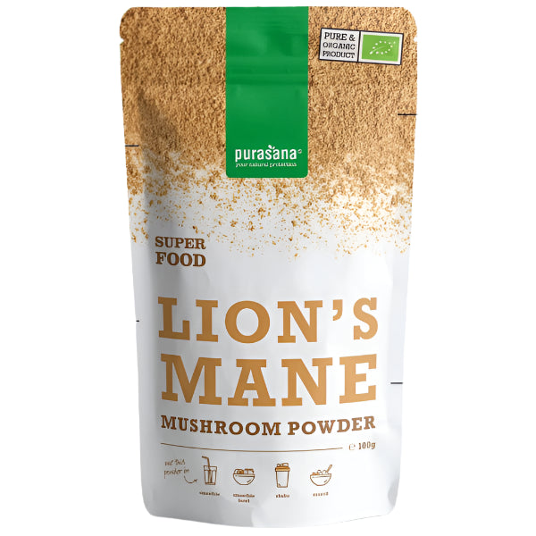 Focus-enhancing 100 g organic Lion’s Mane powder, ideal for brain support and cognitive clarity.