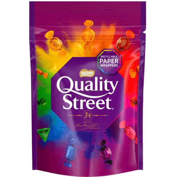 Shareable Quality Street chocolates in a 300 g bag, perfect for festive snacking.