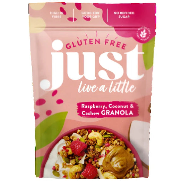 Gluten-free granola with tangy raspberries, tropical coconut, and crunchy cashews