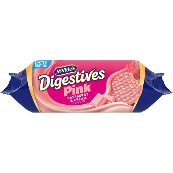 Buttery digestive biscuits topped with pink raspberry-flavored cream.