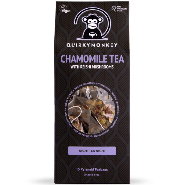 A calming herbal tea blend with chamomile and Reishi mushroom, designed to promote relaxation and restful sleep.