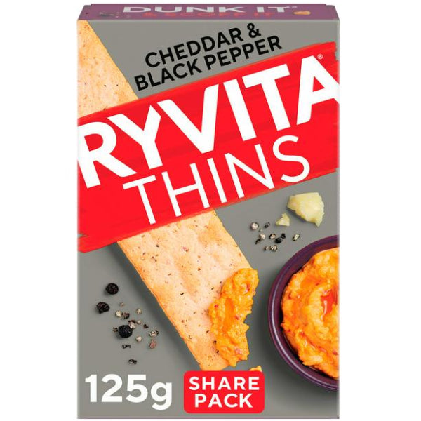 Crispy Ryvita Thins flavored with sharp cheddar and a hint of black pepper for a savory, light snack.