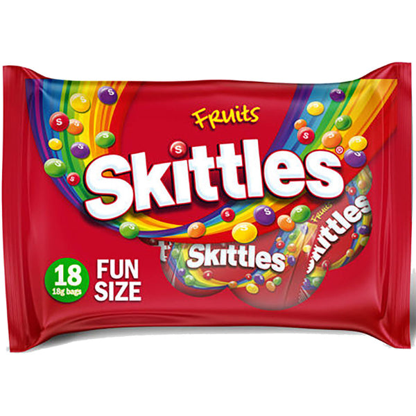 Shareable Skittles fruit sweets in fun-size bags, perfect for snacking or sharing