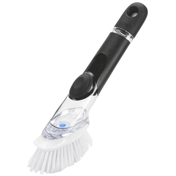 Clean dishes effortlessly with this OXO Good Grips soap-dispensing dish scrub brush