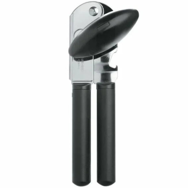 Manual can opener with soft Good Grips handles for easy, comfortable, and safe opening.