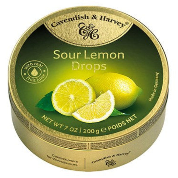 Sour Lemon Drops bursting with tangy citrus flavor in a timeless golden tin.