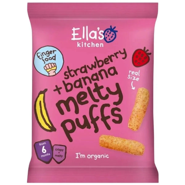 Light, crunchy, and naturally sweet, Ella's Kitchen Organic Strawberry & Banana Melty Puffs are a tasty, toddler-friendly snack.