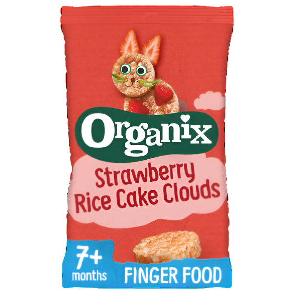 Light, fruity puffed rice cakes flavored with real strawberry, perfect for little hands and early snacking.
