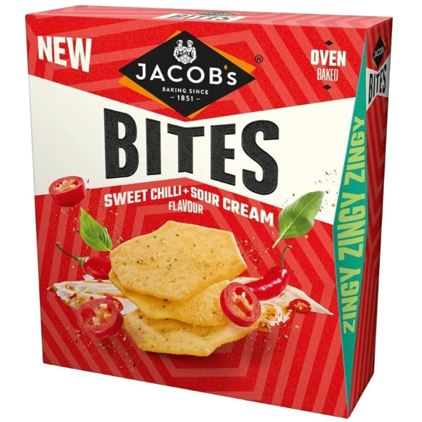 Crispy Jacob’s bites with a zesty sweet chilli and sour cream flavor, perfect for snacking.