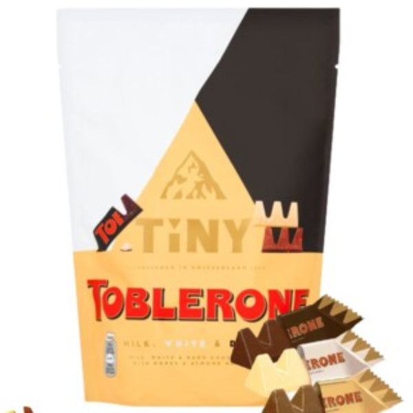 Toblerone Tinys mixed chocolate pouch, 250 g of bite-sized chocolate delights for sharing.