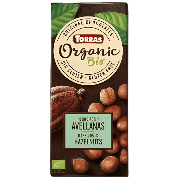 A premium treat crafted from organic ingredients. It combines rich 70% dark chocolate with crunchy hazelnuts