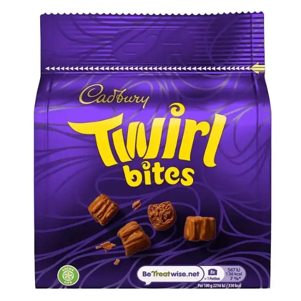 deliciously swirled and coated milk Chocolate bites offering the classic Twirl texture in a perfectly shareable bag