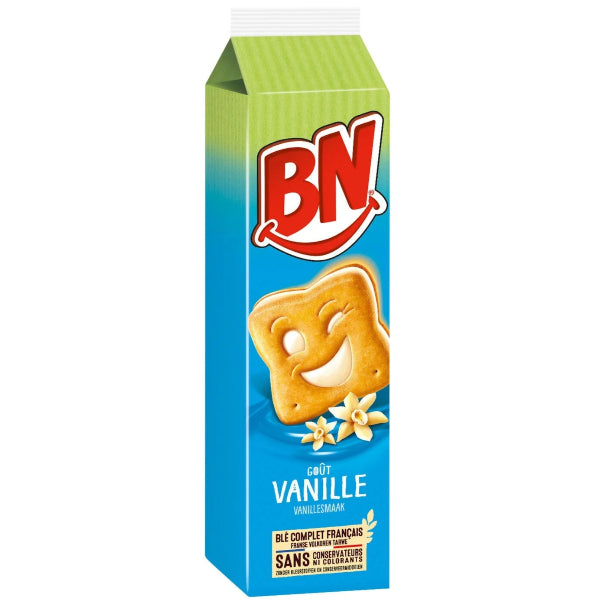 Golden-baked sandwich biscuits embossed with playful smiley faces and filled with a smooth vanilla‑flavoured cream