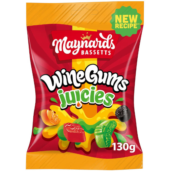 Chewy and fruity Maynards Bassetts Wine Gums in a 130 g pack, perfect for snacking.