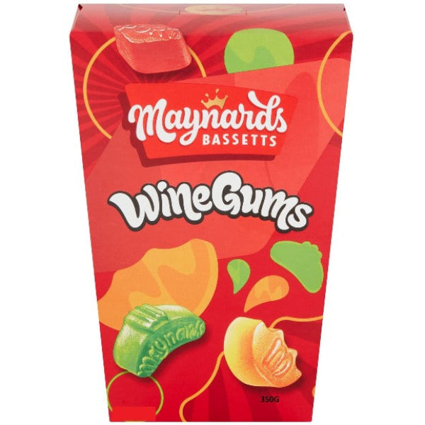 Shareable Maynards Bassetts Wine Gums in a 350 g carton, ideal for sweet treats.